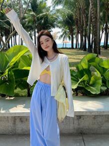 DAZY Women Round Neck Casual Loose Solid Color Open Front T-Shirt,Fall Clothes Preppy Tops Long Sleeve Women Tops - White - View 8