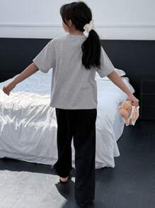 Dazy Kids Tween 女童蝴蝶结装饰印花短袖 T 恤和裤子休闲家居服套装 - 黑色 - 查看 6