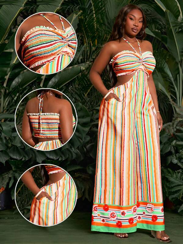 SHEIN SXY Plus Size Women's Spring/Summer New Handmade Striped Print Drawstring Waist Halter Neck Ruffle Cutout Wide Leg Jumpsuit, Suitable For Everyday Wear, Music Festivals, Concerts, Carnival Parties, Beach Vacations, Date Nights, Birthdays, Bachelorette Parties, Clubs, Casual, Shopping, Streetwear, Going Out, Flirty, Easy To Match & Looks Slim, Accentuates The Body, Flatters The Figure