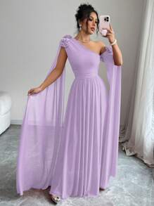 Rafferiza 红色荷叶边褶饰网眼连衣裙，奢华长袖情人节派对礼服 - 淡紫色 - 查看 6