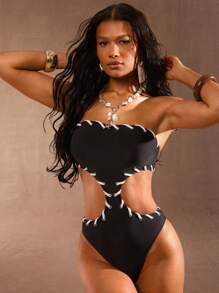 SHEIN Haute Women's Sexy Summer Vacation White Trim Swimsuit With Side Cut Out - Black and White - View 1