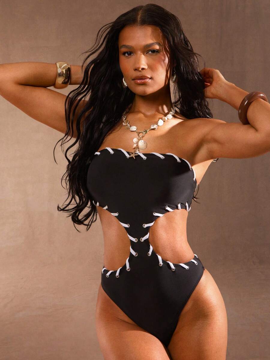 SHEIN Haute Women's Sexy Summer Vacation White Trim Swimsuit With Side Cut Out - Black and White - View 1