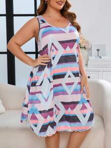 Plus Size Colorblock Striped Geometric Print Camisole Nightgown - Multicolor - View 3