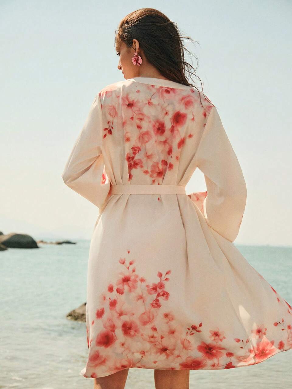 Anewsta Women Digital Print Long Sleeve Knee Length Belted Satin Cover Up With Floral Pattern, Suitable For Spring/Summer, Beach, Vacation
