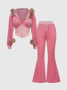 ROMWE J-Fashion 2pcs Women Velvet Y2K Rhinestone Patchwork Hooded Coat & Pants Set, Pink Outfit - Pink - View 9