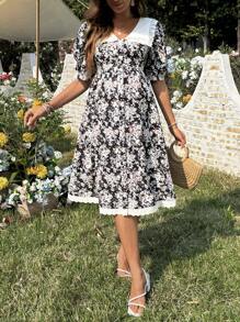 SHEIN Floral Print Frill Trim Maternity Dress With Short Sleeves - Multicolor - View 1