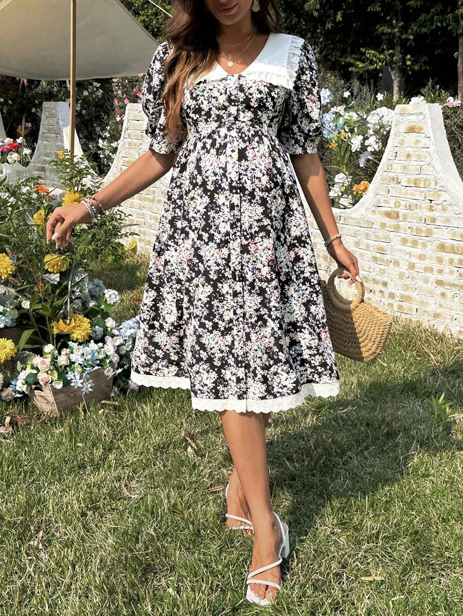 SHEIN Floral Print Frill Trim Maternity Dress With Short Sleeves - Multicolor - View 1