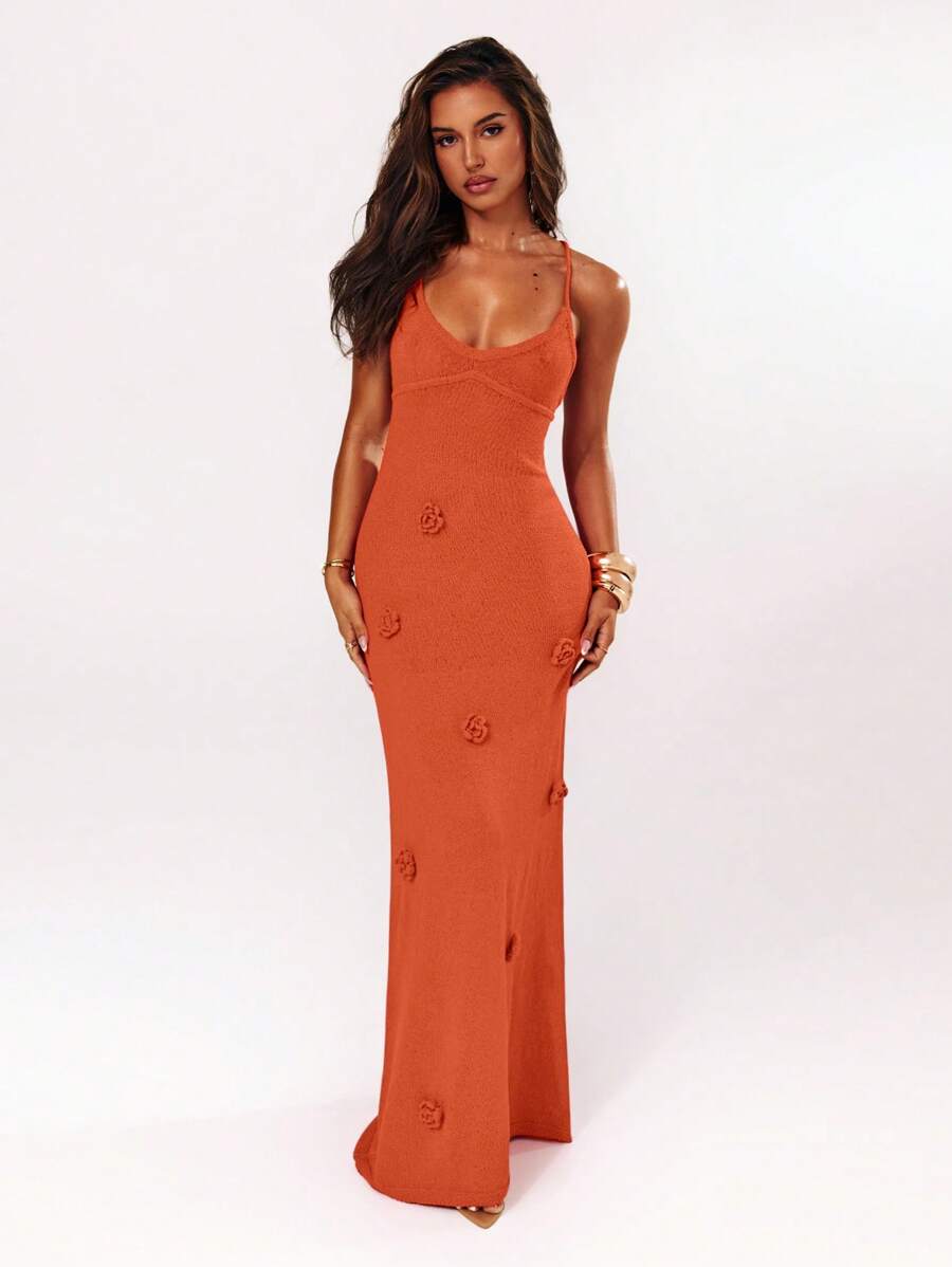 SHEIN BAE 女士纯色立体花卉休闲细肩带无袖毛衣连衣裙 - 橘色 - 查看 1