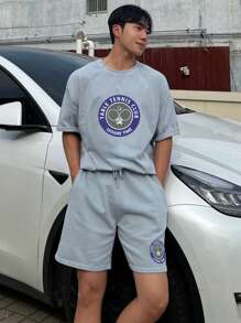 DAZY Summer Letter Print Sporty Grey Men's T-Shirt Set - Grey - View 4