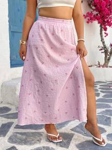 SHEIN VCAY 大码女式休闲条纹蝴蝶结印花侧开衩半身裙 - 彩色 - 查看 3