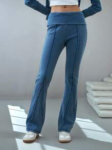 SHEIN EZwear Women's Casual Long Knitted Pants With Exposed Seam Detailing - Black - View 2