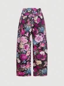 SHEIN MOD 大码女式优雅花卉印花高腰阔腿裤 - 中紫紅色 - 查看 2