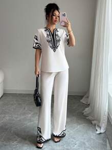 Rafferiza 时尚印花V领上衣和印花裤套装