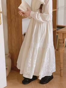 DAZY Women Round Neck Heavy Lace Splice Long Sleeve Solid Color Dress,Ruffle,Fall Dress - Beige - View 7
