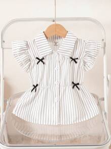 Girls 2025 Summer New Korean Style Girls Blue Striped Short-Sleeved Three-Dimensional Bow Fashionable French Shirt