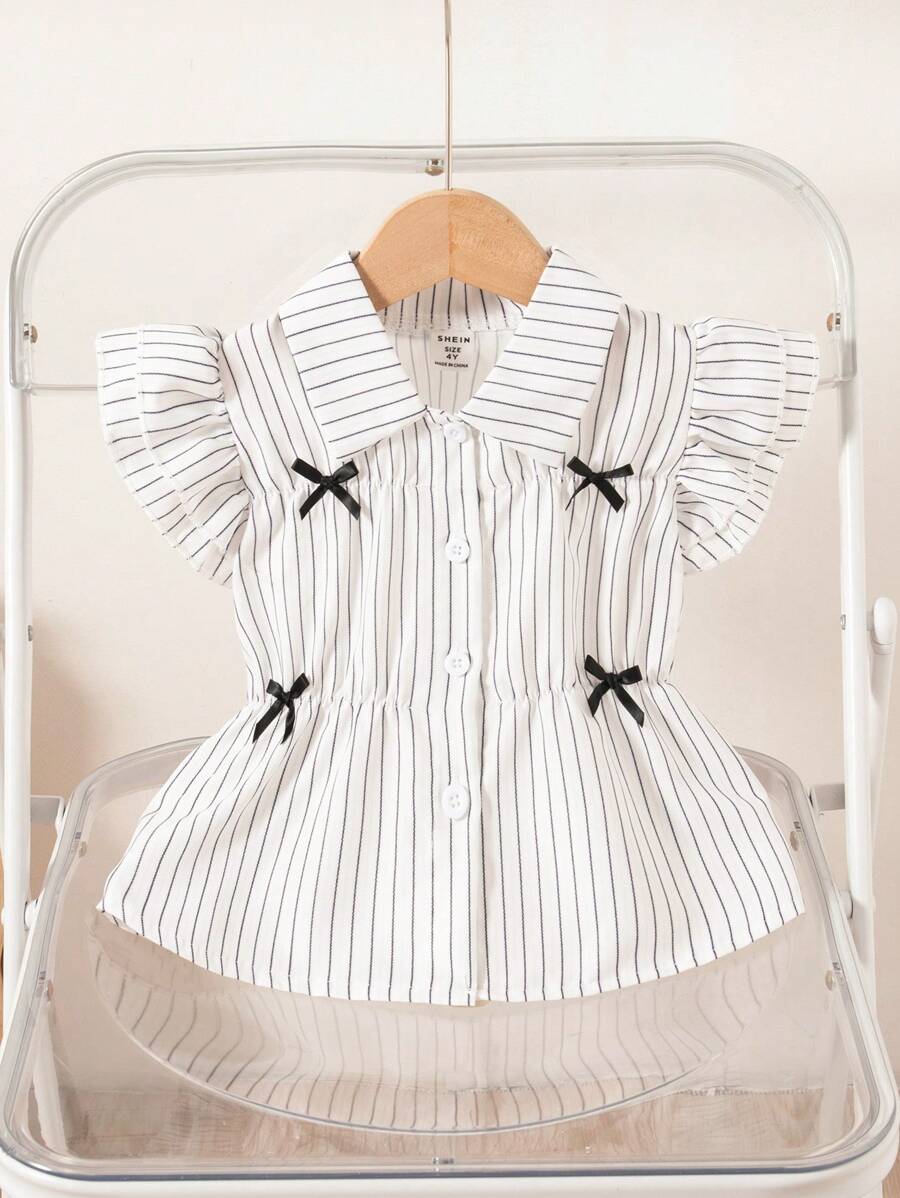 Girls 2025 Summer New Korean Style Girls Blue Striped Short-Sleeved Three-Dimensional Bow Fashionable French Shirt