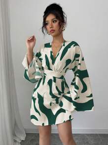 Elenzga Váy đi nghỉ giản dị thanh lịch họa tiết hoa tay dài xếp ly, eo thắt và lưng xếp ly cho nữ - Nhiều màu - Xem 5