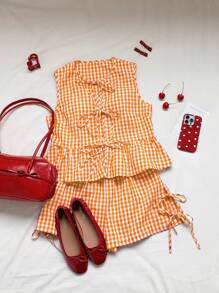 Comfortcana 2 件装夏季女式休闲日常格子荷叶边下摆系带上衣和短裤套装 - 亮橙色 - 查看 5