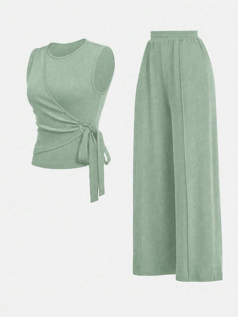 SHEIN Clasi 2 件套女士纯色侧扭圆领背心和裤子休闲装 - 綠色 - 查看 1