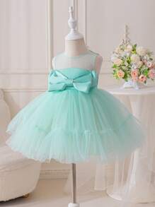 SHEIN Glamorique Kids Elegant Summer Mint Green Flower Girl Dress,Baby Girl Satin Tulle Skirt With Double Layered Bow Front,Suitable For Birthday Party Wedding Occasion - Green - View 1