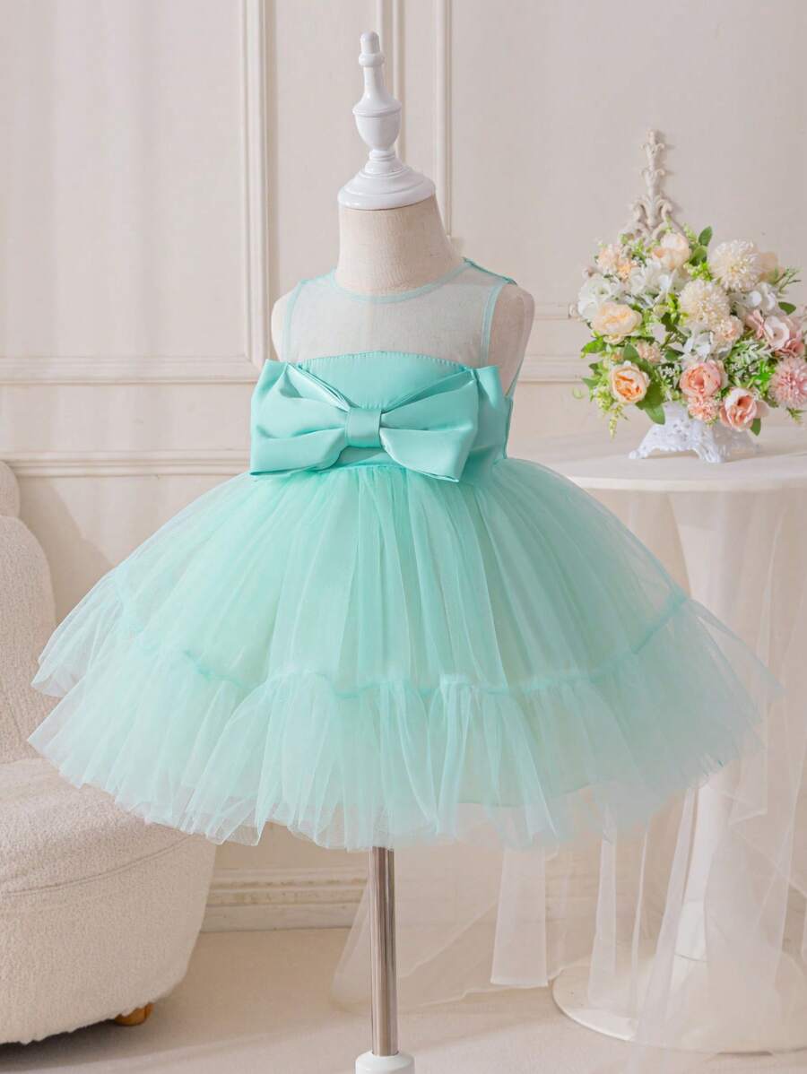 SHEIN Glamorique Kids Elegant Summer Mint Green Flower Girl Dress,Baby Girl Satin Tulle Skirt With Double Layered Bow Front,Suitable For Birthday Party Wedding Occasion - Green - View 1