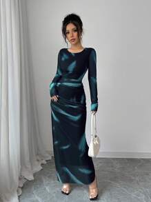 Elenzga Đầm Maxi Ôm Body Bằng Vải Tuyn Co Giãn Ombre In Hoa Thanh Lịch Cho Nữ - Màu xanh bạc hà - Xem 6