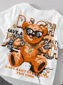 SHEIN Baby Boys/Girls Orange Cartoon Bear Graphic Round Neck Short Sleeve Pullover Top And Solid Color Shorts 2 Pieces Set, Soft And Comfortable, Fashionable Street Casual Sports Outfit, Suitable For Summer - Orange - View 4