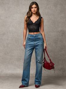 SHEIN BAE Top halter con escote en V, encaje floral y ajustado para mujer