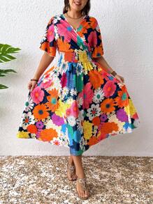 SHEIN Clasi Plus Size Women Summer V-Neck Floral Print Waisted Vacation Dress - Multicolor - View 4
