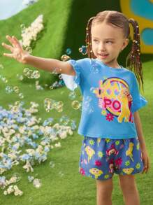 Teletubbies X SHEIN Young Girl Cartoon Rainbow Cute Ruffle Trim Blue Short Sleeve T-Shirt And Blue Denim Effect Shorts Set