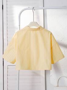 SHEIN Áo sơ mi Raglan ngắn tay đơn giản, cổ polo kẻ sọc dành cho bé gái tuổi mới lớn - Màu Mù tạt vàng - Xem 2
