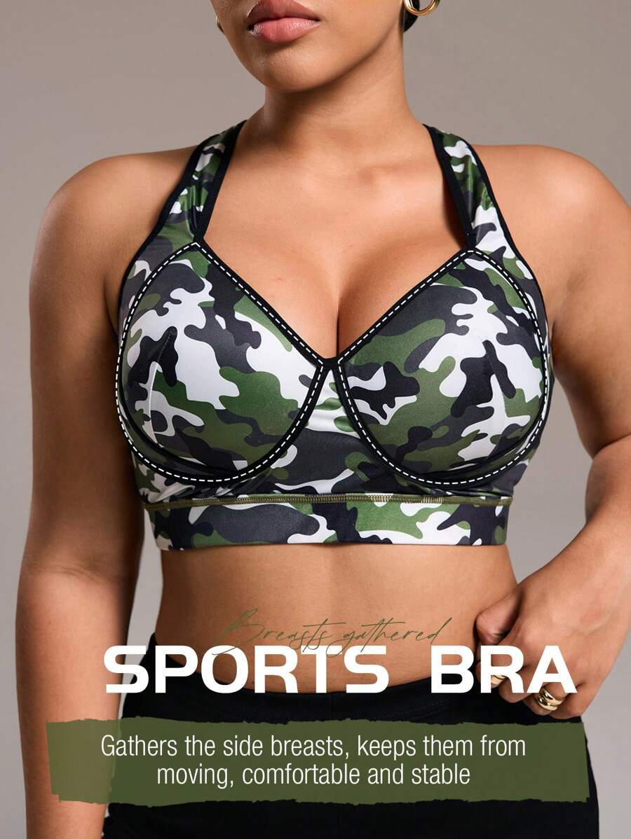 Rhythm Era Plus Size Sports Fixed Cup Bra, Fashionable Camouflage Gathering Cup, Adjustable Shoulder Straps, Hook & Eye Back Closure, Sexy Back
