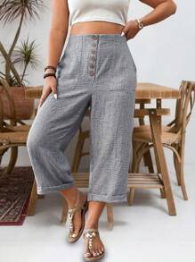 Linhara Plus Size Linen Texture Wood Button Decorated Side Pockets Casual Cropped Pants - Grey - View 6