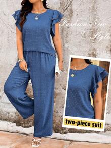 SHEIN LUNE 大码纹理仿亚麻面料圆领分层盖袖蕾丝花边衬衫 + 直腿宽松裤 2 件套 - 藍色 - 查看 8