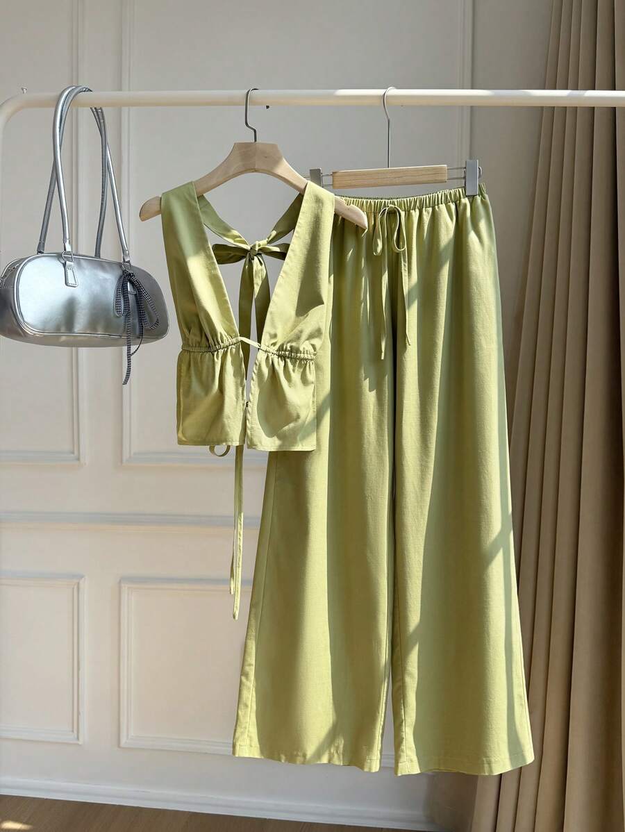 Lunelith SHEIN Lunessa Set de 2 piezas para mujer, top camisola desatada y espalda descubierta, y pantalones largos casuales para primavera/verano