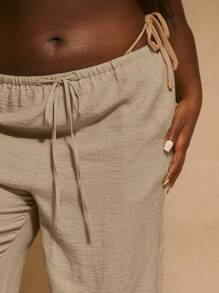 MUSERA Plus Mid Rise Wide Leg Drawstring Waist Trousers Vacation Beachwear Elegant Holiday Cute Summer Classy Casual Dailywear Everyday Wear Spring - Khaki - View 5