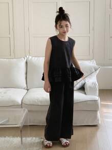 Hapijoa 2pcs/Set Tween Girl Sleeveless Shirt And Long Pants, Spring/Summer,Back To School Clothes - Black - View 6