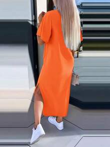 INAWLY Solva Women's Casual Loose Round Neck Slit Dress, Summer - Orange - View 2