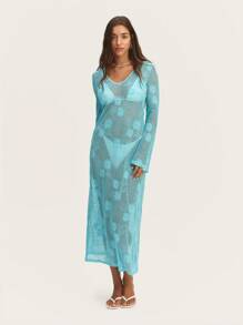 SHEIN Unity Elegant Blue Crochet Women Maxi Dress Designed With Delicate Patterns And Full-Length Coverage, Ideal For Beach Vacations, Summer Evening Parties, Or A Boho-Inspired Look.