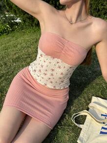 SHEIN EZwear 2pcs/Set Women Ditsy Floral Frill Bandeau Top And Mini Skirt, Vacation Outfit