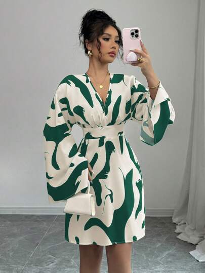 Elenzga Váy đi nghỉ giản dị thanh lịch họa tiết hoa tay dài xếp ly, eo thắt và lưng xếp ly cho nữ