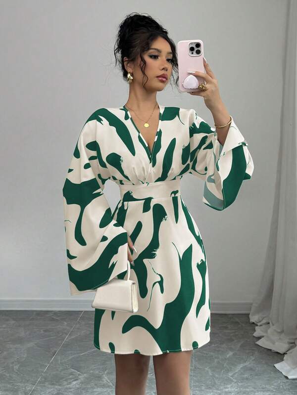 Elenzga Vestido casual y elegante de vacaciones para mujer con manga larga fruncida, cintura ceñida y estampado floral con espalda recogida