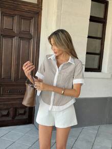 Pariaura Striped Patchwork Contrast Color Lapel Pocket Casual Short Sleeve Shirt For Women