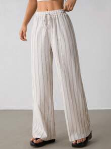 SHEIN PETITE Women's Striped Drawstring Waist Wide Leg Loose Casual Pants, For Daily Wear, Suitable For Spring, Summer And Autumn, French Holiday - Apricot - View 6