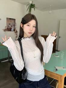 DAZY Plus Size Women's Casual Korean Style Polka Dot Long Sleeve T-Shirt, Summer Preppy Tops,Fall Women Clothes