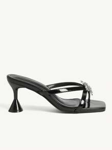 CUCCOO CHICEST New Summer Silver Rhinestone Snowflake Decor Crossed Strap Square Toe Round Block Heel Elegant Charming Glamorous Black Patent Leather Ladies High Heel Sandals, Slippers, Vacation & Party Dress Sandals