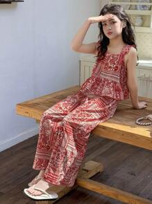 Dazy Kids 2pcs/Set Tween Girl Ditsy Floral Sleeveless Top And Long Pants Set, Summer,Back To School Clothes Vacation Easter - Red - View 2