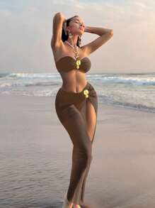 Swim Oasis 3 szt./zestaw Nowe jednokolorowe bikini bandeau z metalowymi zdobieniami, w połączeniu z długą spódnicą z siateczki, elegancki i seksowny kostium kąpielowy dla dorosłych na plażową imprezę, wiosenna przerwa