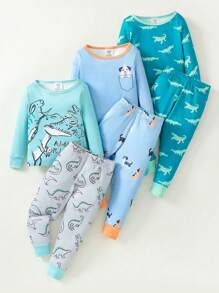 Snug Fit Toddler Boys Dinosaur And Dog Print Long Sleeve Top And Long Pants Pajama Set, Featuring Vibrant Colors And Detailed Designs, Casual And Fun Style Suitable For Young Children,Tight Fit Pajama Baby Sets Boys Toddler Pajama Sets