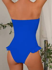 Swim Mod Women's Summer Vacation High-End Sexy Ruffled Simple One-Piece Swimsuit - Blue - View 2